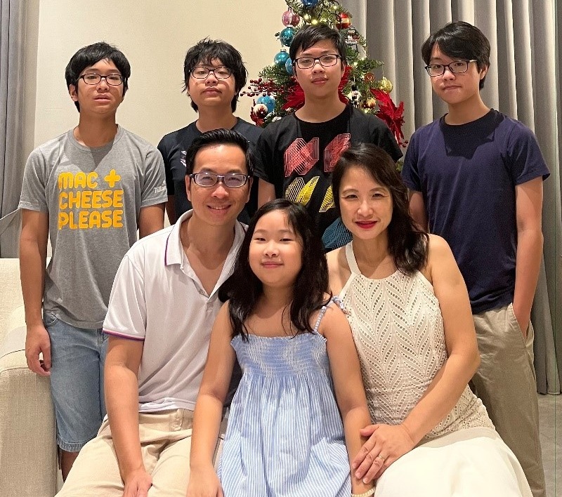 (Top row, from left) Aaron and triplets Joshua, Lucas and Theodore. Aaron and Joshua thrive at art, Lucas at badminton, and Theodore at his uniformed group CCA. 
(bottom row) Mr Yeo, youngest child Beth who has a budding interest in music, and Mrs Yeo.