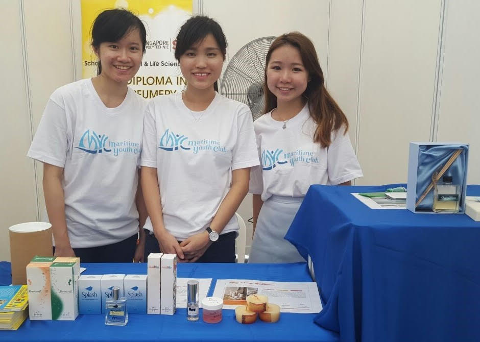 Joyce Lian (extreme right) with other course mates showcasing their own maritime-themed scented creations as part of collaborative project with the Maritime and Port Authority’s Maritime Youth Club.