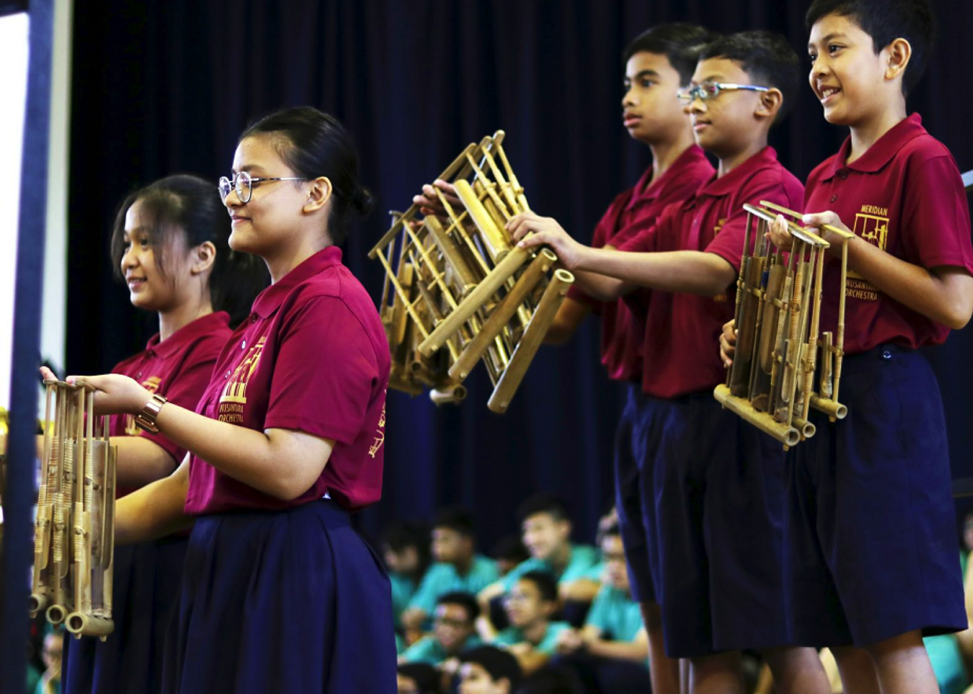 Meridian Nusantara Orchestra’s Angklung ensemble, rehearsing for their Singapore Youth Festival 2019 performance. Photo credit: Meridian Secondary School