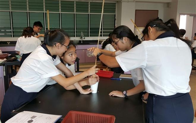 Secondary 2 students carry out an experiment to investigate the potential and kinetic energy of water.

Photo credit: Geylang Methodist School (Secondary)
