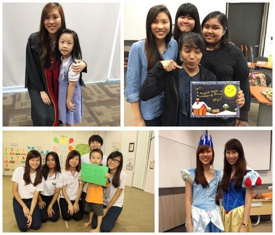 (clockwise from top left) Angel with her sister; With her TP Early Childhood Studies classmates and a storybook they created for a module; Dressing-up for another module; Storytelling session with the kids.