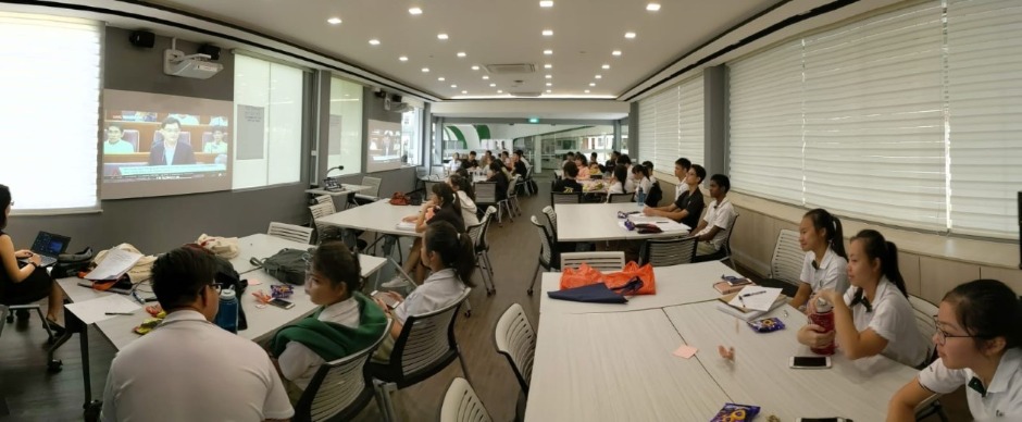 Students from Temasek Junior College listening to the Budget Seminar delivered by then-Finance Minister Heng Swee Keat. The annual Seminar presents an opportunity to help students relate key points of the Budget to what they learn in Economics.