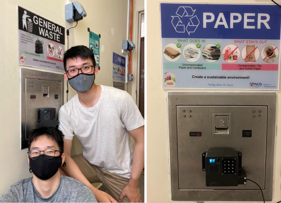 The WasteLess Smart Chutes allow hostel residents to track the amount of waste they dispose of, and recycle, through a mobile application. Here, Samuel (right) and Jie Wen (left) have just finished the installation of the chutes in NUS’ Tembusu Residential College.