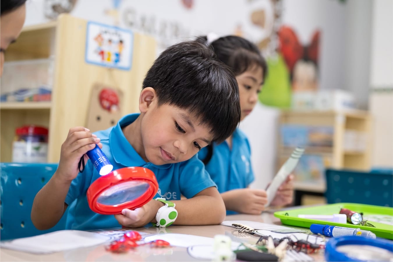 a child looks through an illuminated magnifying glass to observe models of insects